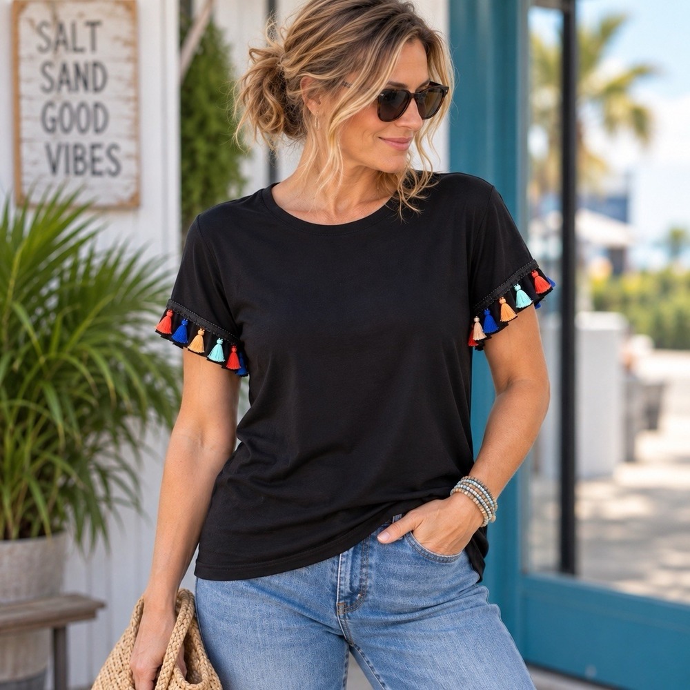 PS Kate T-Shirt Womens Large Black Tassel Sleeve Boho Festival Stretch USA Made